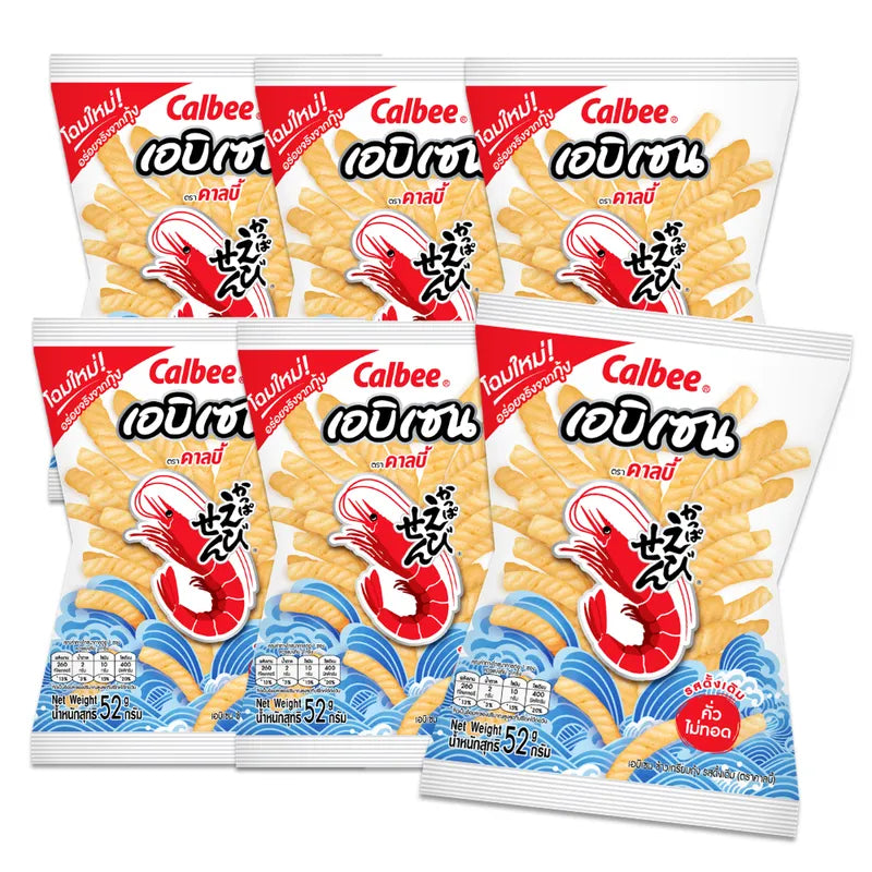 Calbee Original Flavored snack 52g, showing crispy snack pieces in a clear bowl with packaging in the background.