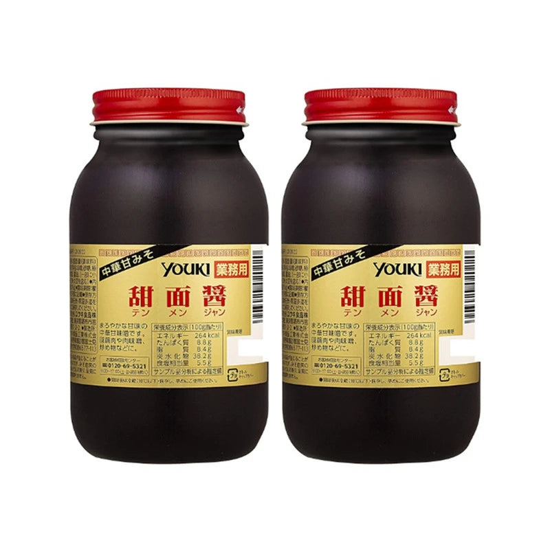 Two 1kg bottles of YOUKI Tenmenjan Tianmian Chinese sweet miso sauce made in Japan, with labels visible on the bottles.