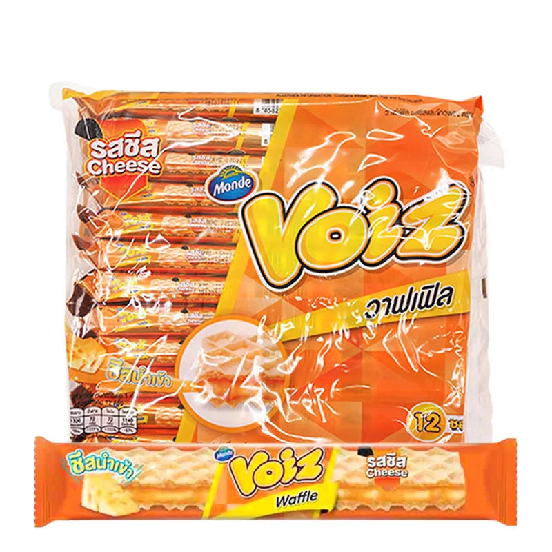 VOIZ Waffle Cheese Rice Crispies 19g, pack of 12, crispy snack with cheese flavor, in a colorful box.