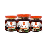 J-LEK Jae Lek pasteurized sweet fish sauce in glass bottle, dry grocery product with clear label and dark liquid inside