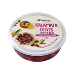 Whole Makro olives in brine in a jar, showcasing glossy, dark olives ready for culinary use or snacking.