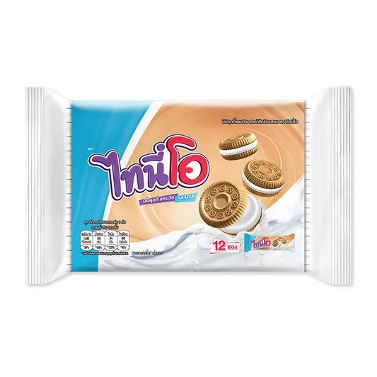 TINI-O Mini Cookies Milk Cream pack with 12 individual 28g bags, featuring cookies with milk cream filling.