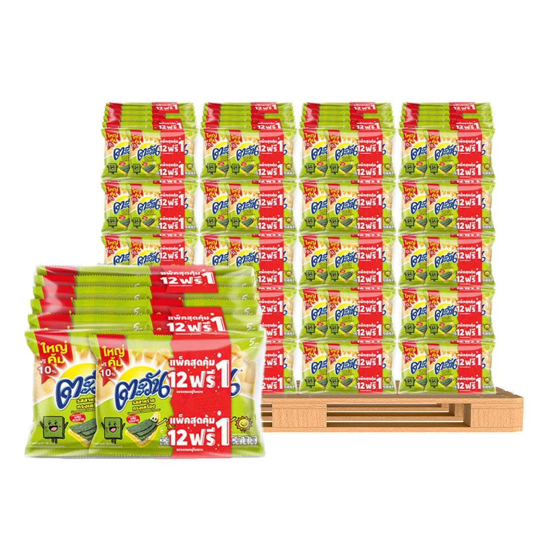 Tawan extruded seaweed snack 14g pack, set of 12, with crispy, dark green seaweed sheets on a white background.