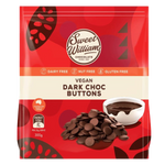 Sweet William Vegan Dark Chocolate Buttons in a bowl, showcasing small, round dark chocolate pieces on a white background.