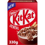 Nestle Kitkat Cereal box, featuring chocolate-flavored breakfast cereal with Kitkat branding and colorful packaging.