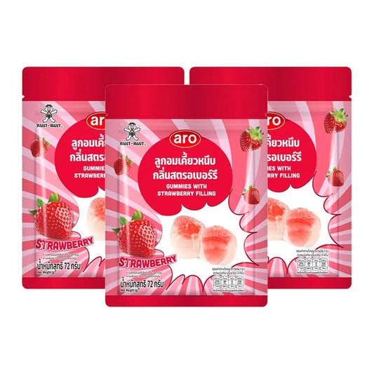 ARO Strawberry Gummy candies in a 72g pack, with three packs shown, featuring colorful strawberry-shaped gummies.