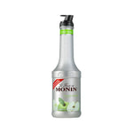 Bottle of MONIN Green Apple Fruitmix syrup, 1000ml, in a clear plastic container, ideal for beverages and culinary uses.