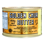 Golden Churn Pure Creamery Butter block with gold foil wrapping, showcasing its rich, creamy texture in a grocery product image.