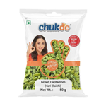 Chuk-De Cardamom in a grocery package, showing fresh green cardamom pods and the Chuk-De brand label.