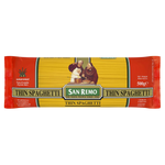 San Remo Thin Spaghetti package showing golden pasta strands in a clear bag for cooking.