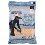 Chang Thai Organic Crystal Hom Mali Brown Rice in a clear bag, showcasing the light brown, long-grain rice from the Chang grocery brand.