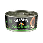 Canned geisha sardines in black pepper sauce, 120g, from GEISHA, featuring sardines in a rich black pepper-flavored sauce.