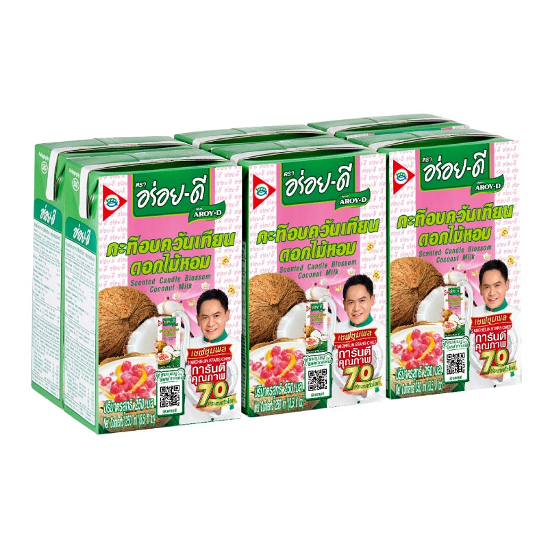 Aroy-D fragrant coconut milk in 250ml cartons, showing six bottles with coconut images and brand label.