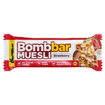 Bombbar Muesli Bar with strawberries, showing the snack's packaging and fresh strawberry pieces on the front.