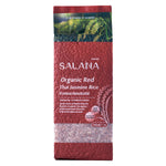 Organic red Thai jasmine rice in a 1kg bag from SALANA, showing the dry rice grains in a clear package.