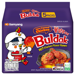 Spicy Samyang Buldak Chicken Ramen package with fiery red flavor illustration and Korean branding on the grocery product label.