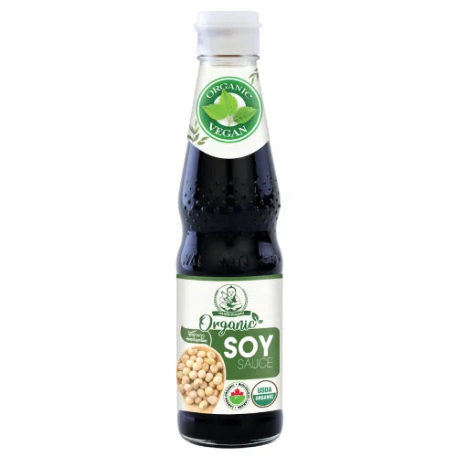 Bottle of DEKSOMBOON Organic Soy Sauce 300 ml with dark soy liquid visible in the transparent glass bottle.