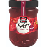 Schwartau 3 Berries Jam jar with label showing fresh mixed berries, ideal for spreading on bread or toast.