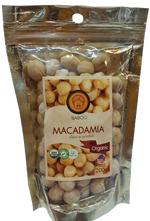 Raw macadamia nuts from Baboo, showcasing their natural, creamy appearance in a confectionery snack package.