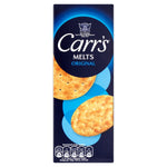 Two boxes of Carr's Melts Original Crackers, a sweet confectionery snack with crisp, caramelized crackers in a clear package.
