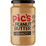 Crunchy Pic's Peanut Butter jar with a label, showing the creamy texture and natural peanut ingredients in a grocery setting.