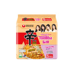 Nongshim Toomba Shin Ramyun stir-fry noodles in a bowl with vegetables, showcasing the dry grocery product by NONGSHIM.
