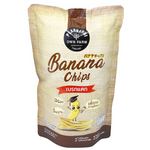 Plarnkhoi Banana Chips Original, crispy confectionery snacks in a bowl, showcasing golden banana chips on a white background.