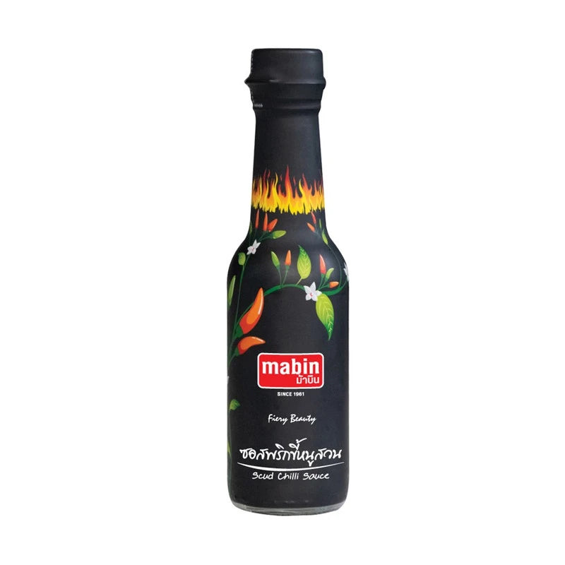 MABIN Scud Chilli Sauce 280g jar with vibrant red chili sauce visible, showcasing the spicy condiment in a glass jar.