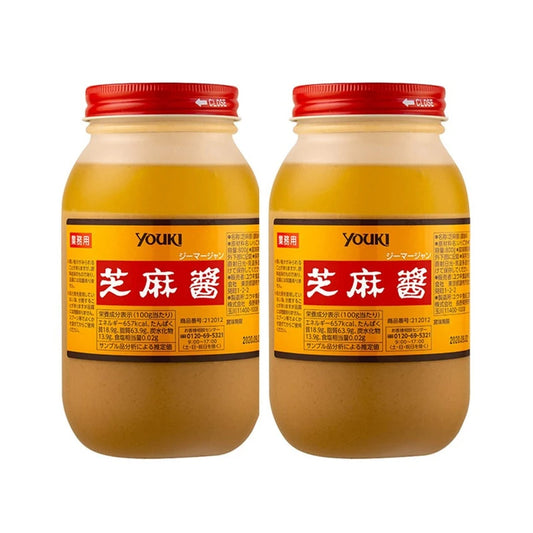 Two bottles of YOUKI Jima Jang White Roasted Sesame Paste, made in Japan, 800g each, with creamy sesame paste visible in the image.