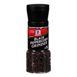 McCormick Black Peppercorn Grinder with fresh black peppercorns visible inside, for seasoning and cooking.