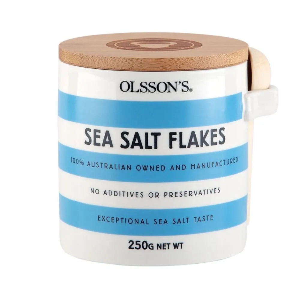 Jar of OLSSON Olsson sea salt flakes, 250g, with visible flaky salt crystals inside the clear glass jar.