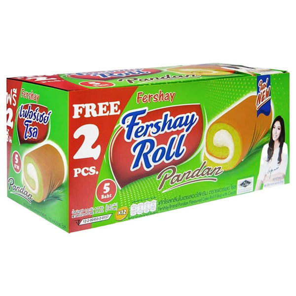 FERSHAY Pandan Roll, 20g x 12, Thai-style pandan-flavored snack with green swirls, packed in individual servings.