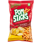 Lorenz Pomsticks Hot & Spicy confectionery snacks in a colorful bag, showcasing crunchy, spicy flavored snack sticks.