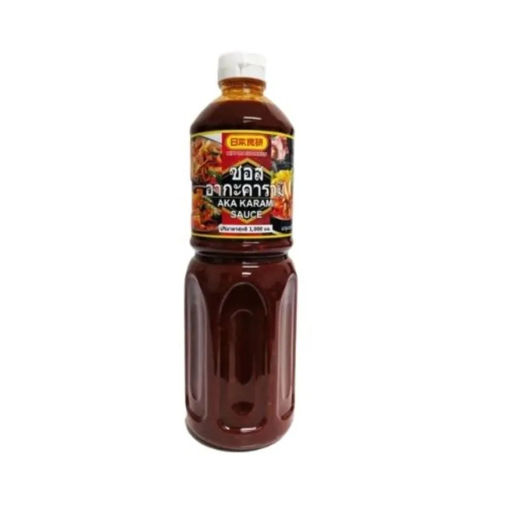 Nihon Shokken Karami Sauce 1L bottle with dark, spicy Japanese condiment visible on the label and transparent plastic bottle
