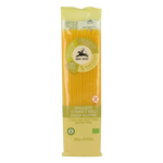 Organic gluten-free Alce Nero spaghetti in a clear package, ready for cooking in a grocery setting.