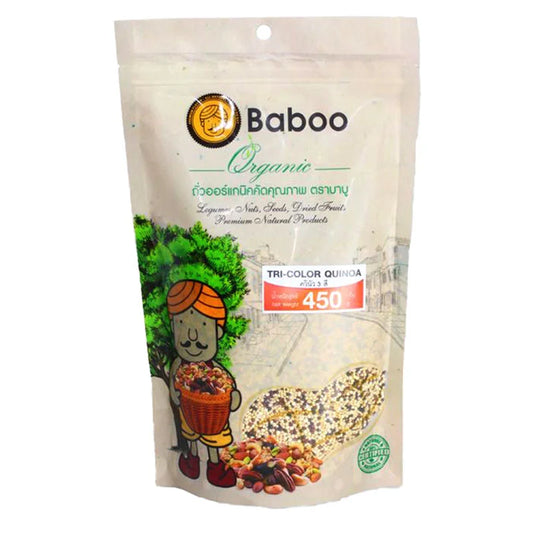 BABOO Tri-Color Quinoa in 450g package, featuring a mix of red, white, and black quinoa grains.
