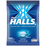 Halls Mentho-Lyptus candy in a wrapper, showcasing the classic confectionery snack with menthol and eucalyptus flavor.