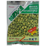 Kasugai roasted hot green peas with wasabi flavor, crunchy Japanese confectionery snack in a colorful package.