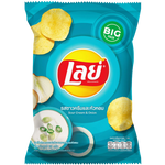 Lay's Classic Sour Cream & Chives flavored potato chips in a colorful bag, showcasing the snack's packaging with branding.