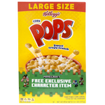 Kellogg's Corn Pops large size cereal box with colorful packaging, showing the Kellogg's logo and cereal imagery.