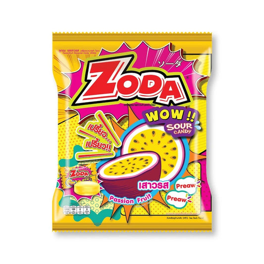 ZODA WOW Passion Fruit Candy 250g package with 100 pieces of colorful, fruit-flavored candies in a clear wrapper.