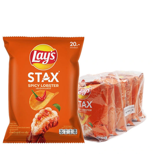 Lay's Stax Spicy Lobster Chips in a 44g pack, showing crispy chips with a spicy lobster flavor on the packaging.