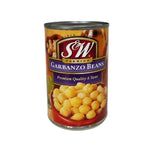 S&W Garbanzos beans in brine in a can, suitable for dry grocery use, shown in the product image.