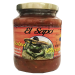 Spicy El Sapo Picante Salsa jar, vibrant red sauce in a clear glass container, perfect for adding flavor to dishes