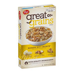 Post Great Grains Banana Nut Crunch cereal box, 439g, featuring images of bananas, nuts, and crunchy cereal in a colorful box.
