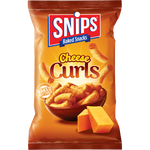 Snips Cheese Curls, a close-up of crispy cheese-flavored confectionery snack curls in a clear bowl.