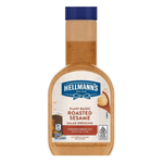 Hellmann's Plant-Based Roasted Sesame Dressing bottle, healthy grocery product with sesame seeds and creamy texture visible.