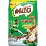 Nestle Milo Activ-Go chocolate malt 3-in-1 drink mix in a glass, showing the powder and prepared beverage with frothy top.