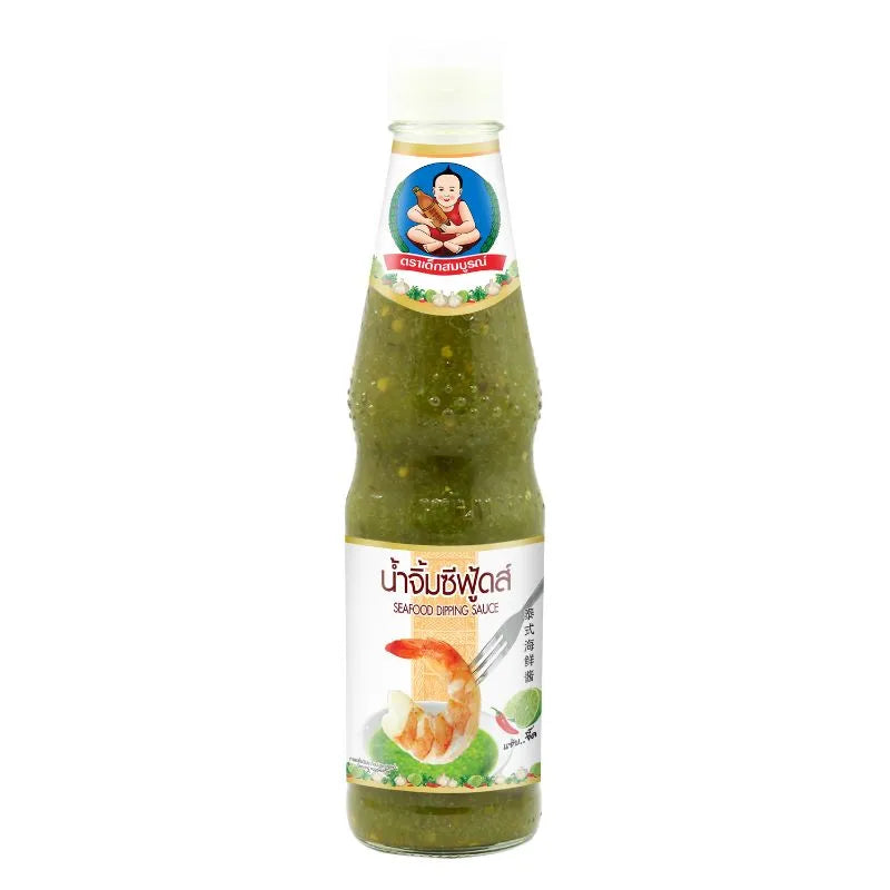 Deksomboon Seafood Dipping Sauce 335g jar with a label, ideal for seafood dishes and Asian cuisine.