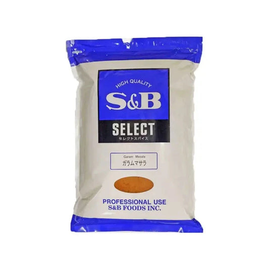 S&B Garam Masala curry powder mix with pepper, cayenne, cardamom, cumin, and coriander in a 1kg bag.